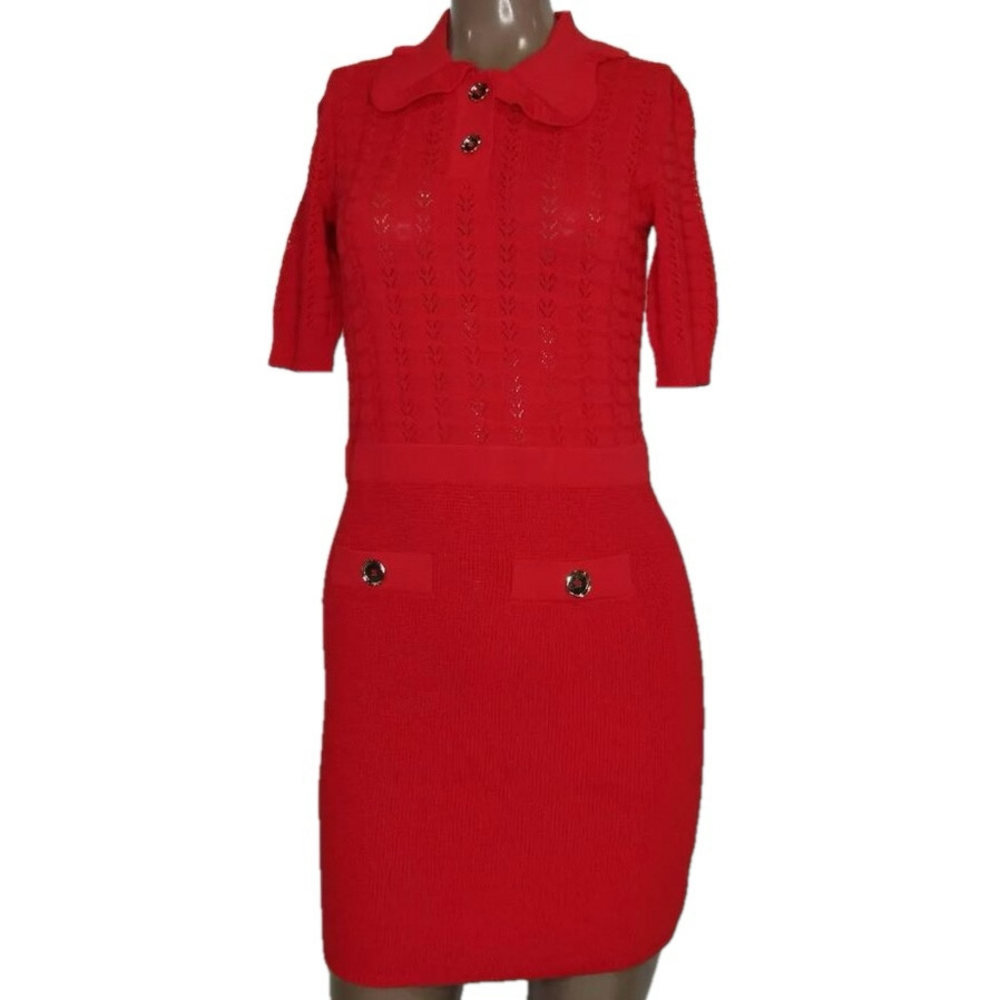 NEW PINKO Womens Mini Dress Red Size XXS Equiseto Abito Pointelle Knit Collared